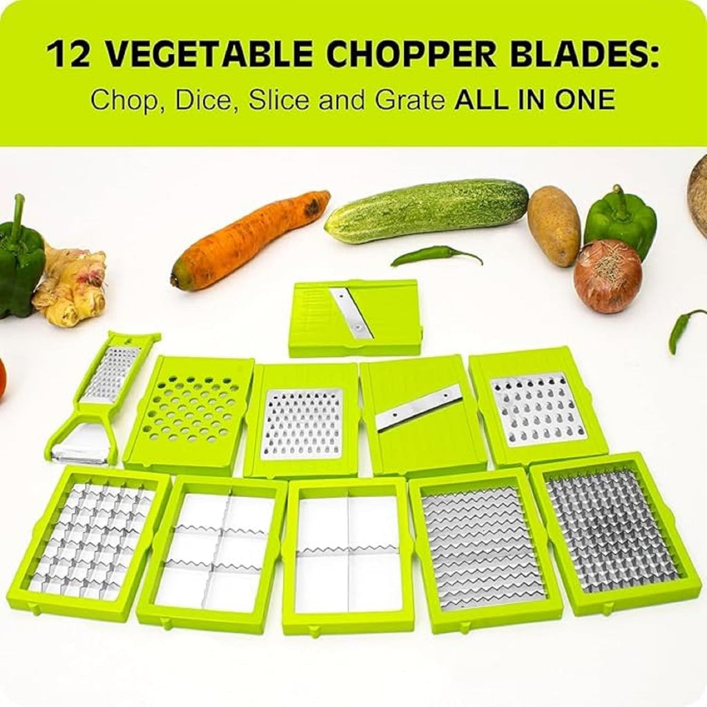 12 in 1 Multipurpose Vegetable & Fruit Chopper – Food Grade Unbreakable Body with Grater, Peeler, Slicer, Dicer, Easy-Clean Push Button – Kitchen Cutter Tool