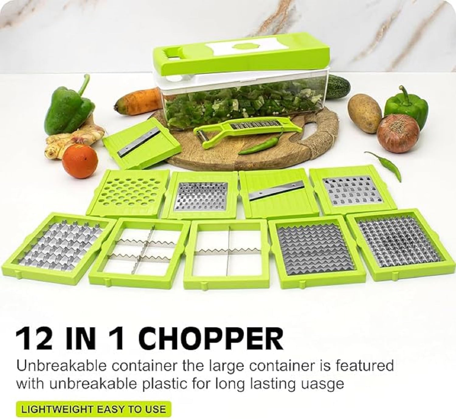 12 in 1 Multipurpose Vegetable & Fruit Chopper – Food Grade Unbreakable Body with Grater, Peeler, Slicer, Dicer, Easy-Clean Push Button – Kitchen Cutter Tool