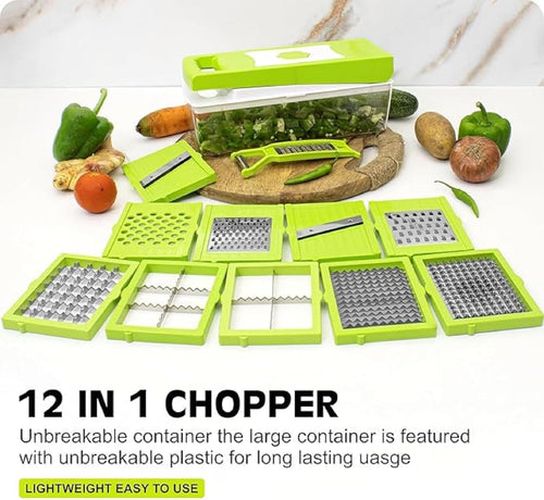 12 in 1 Multipurpose Vegetable & Fruit Chopper – Food Grade Unbreakable Body with Grater, Peeler, Slicer, Dicer, Easy-Clean Push Button – Kitchen Cutter Tool